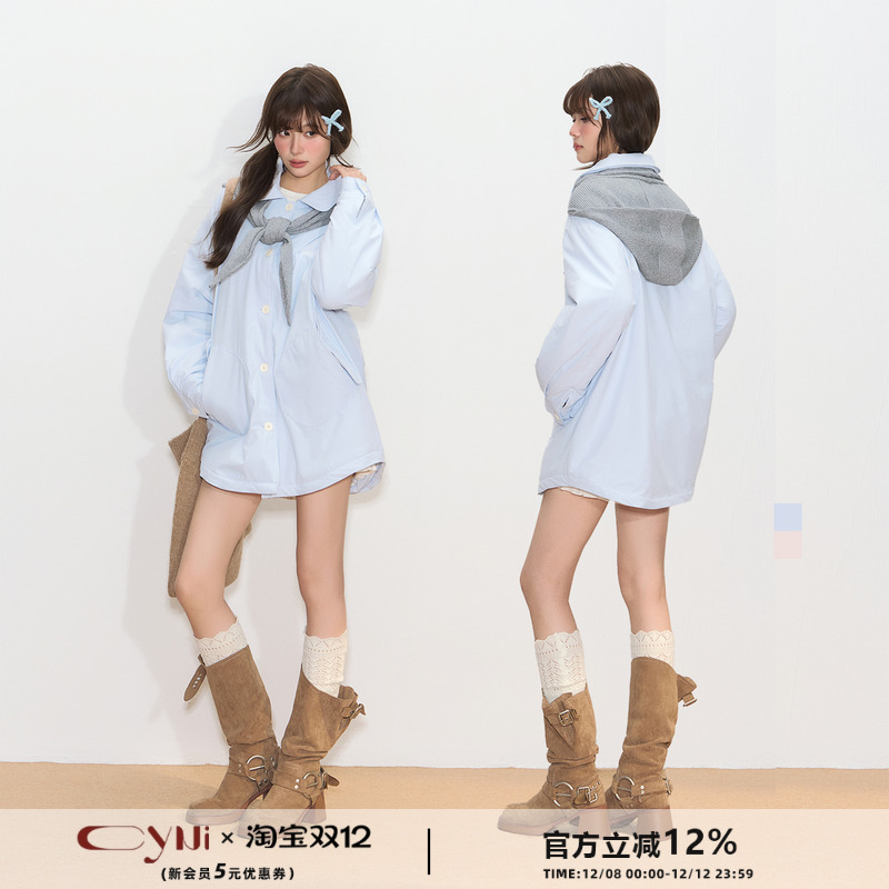 CyNi 少女感宽松纯色翻领外套帽子围巾一体毛织披肩中长款棉服