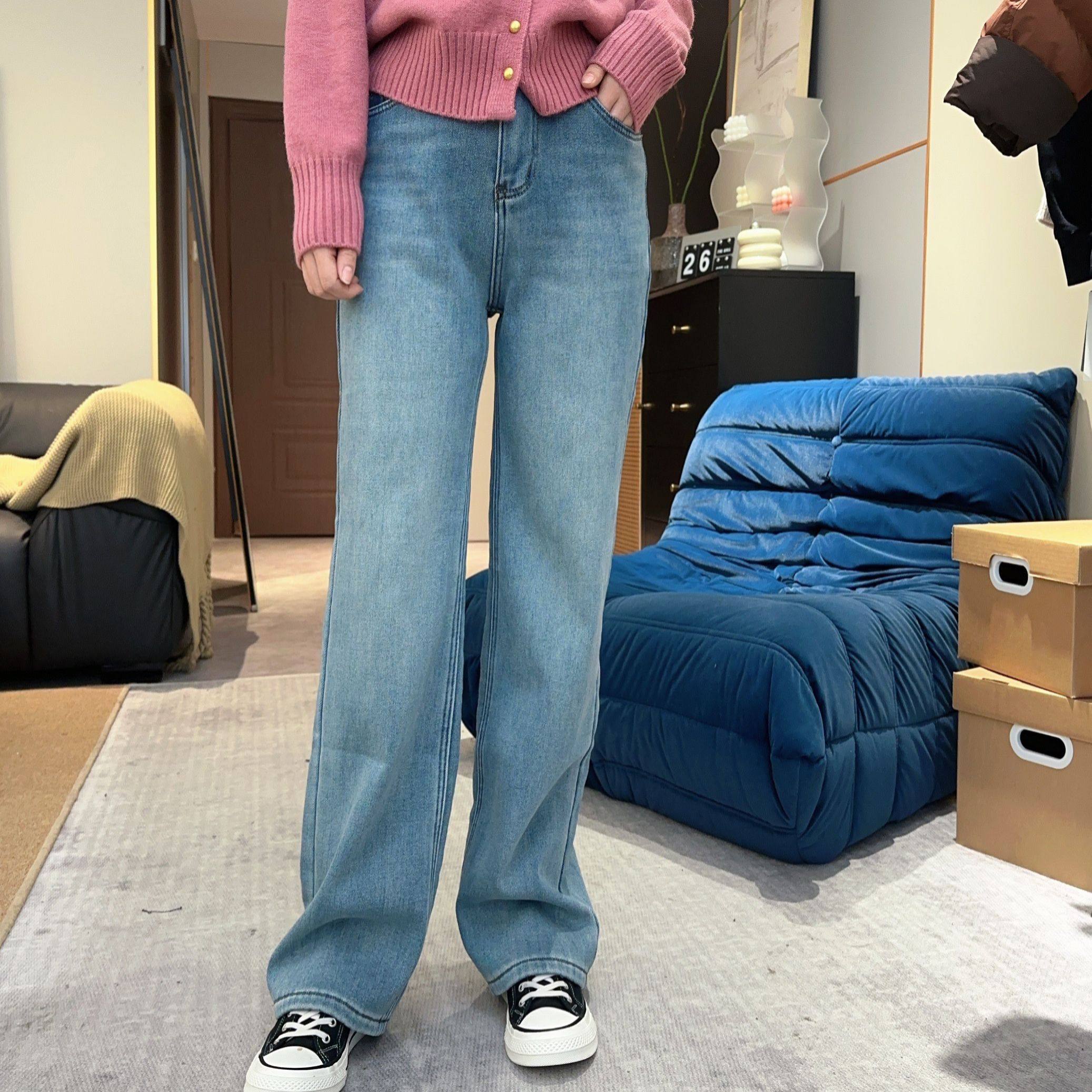 厚绒窄版女裤2024冬季显瘦小个子显瘦窄版直筒加绒牛仔裤 W020