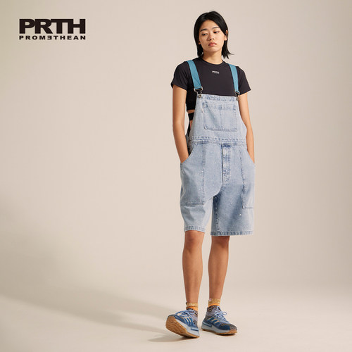 PRTH中腰五分宽松背带牛仔短裤