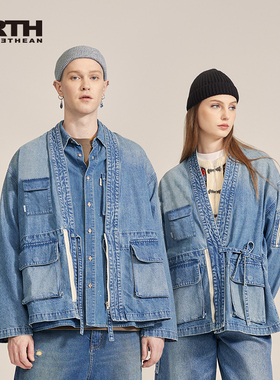 PRTH日系复古休闲开襟束腰牛仔夹克情侣款设计感多口袋工装外套