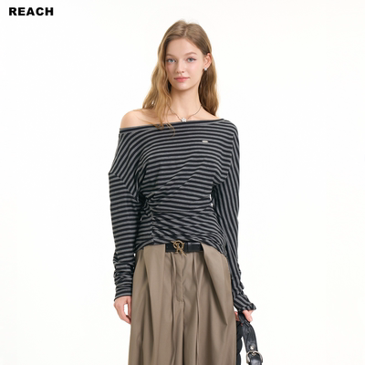 REACH斜肩条纹长袖T恤女春季新款休闲宽松显瘦设计感修身路肩上衣
