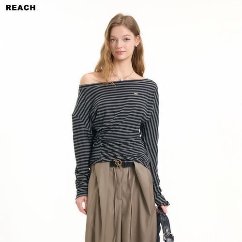 REACH斜肩条纹长袖T恤女春季新款休闲宽松显瘦设计感修身路肩上衣