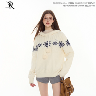 REACH高级感金属标连帽毛衣女费尔岛秋冬新款卫衣宽松百搭上衣服