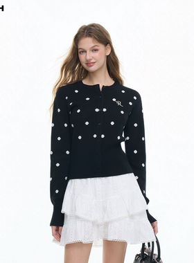 REACH复古波点金属标针织衫女春季新款修身显瘦百搭开衫毛衣外套