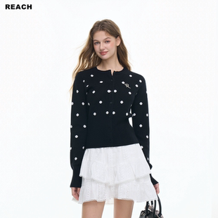 REACH复古波点金属标针织衫女春季新款修身显瘦百搭开衫毛衣外套