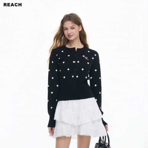 REACH复古波点金属标针织衫女春季新款修身显瘦百搭开衫毛衣外套