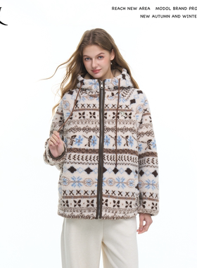 REACH费尔岛连帽棉衣女2025冬季新款慵懒风仿羊羔毛棉服加厚保暖