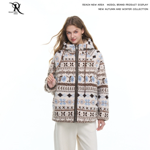 REACH费尔岛连帽棉衣女2025冬季新款慵懒风仿羊羔毛棉服加厚保暖