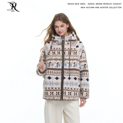 REACH费尔岛连帽棉衣女2025冬季新款慵懒风仿羊羔毛棉服加厚保暖