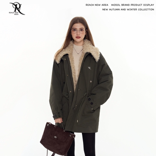棉服外套 加绒加厚中长款 REACH设计感大毛领派克服棉衣女冬季 新款