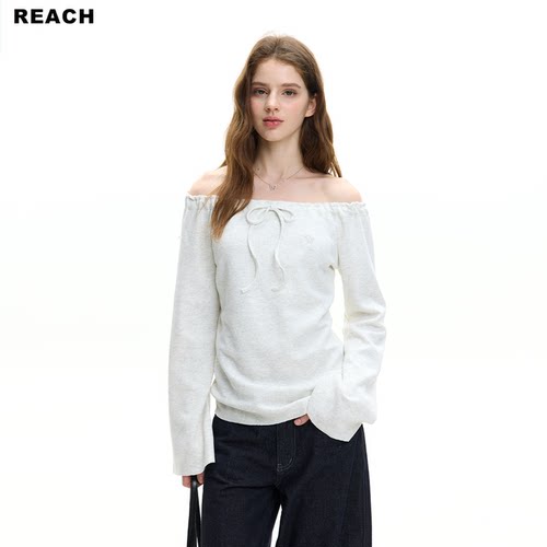REACH设计感领口抽绳调节喇叭袖卫衣女春秋新款露肩宽松显瘦上衣