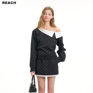 REACH波点套装女春季新款拼接设计感露肩上衣斜肩长袖T恤上衣裙子