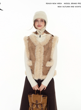 REACH高级感金属标毛绒拼接麂皮绒马甲女冬新款加厚保暖背心外套