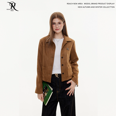 REACH原创金属标复古麂皮绒外套女春秋新款短款飞行服夹克上衣服