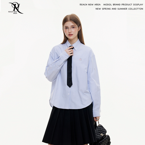 REACH原创刺绣条纹衬衫女长袖春夏新款复古宽松休闲百搭防晒外套