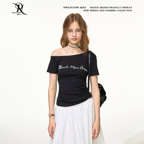 REACH夏季斜肩修身镶钻字母短袖女2025抽褶设计ins风显瘦辣妹短袖