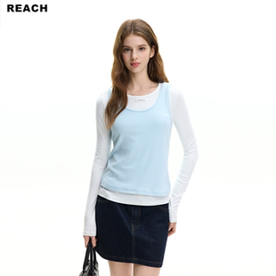 REACH设计感蓝白色薄款叠穿两件套上衣女春秋新款气质百搭显瘦T恤