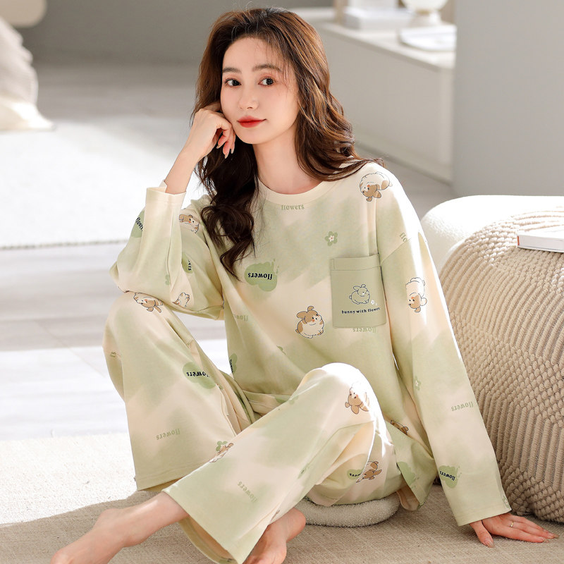 全棉时代睡衣女春秋季纯棉大码宽睡衣/家居服套装