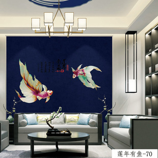 高端独绣墙布客厅沙发床头电视背景墙莲年有鱼独秀壁画刺绣壁布