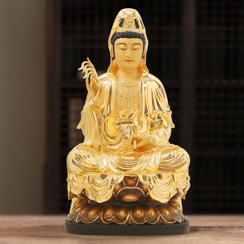 纯铜贴金观音菩萨佛像家用鎏金南海坐莲观世音菩萨铜神像家居摆件