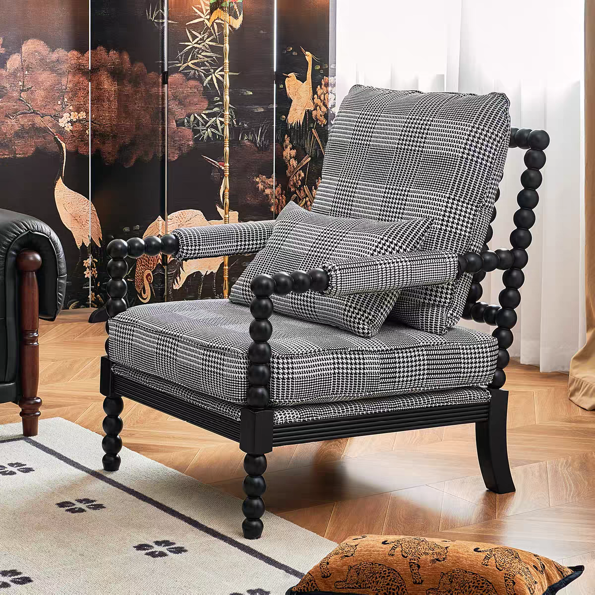 美式复古实木老虎椅法式轻奢家用休闲椅设计师款单人椅珍珠沙发椅,住宅家具,沙发椅,淘宝优惠券,粉丝福利购,淘宝优惠卷