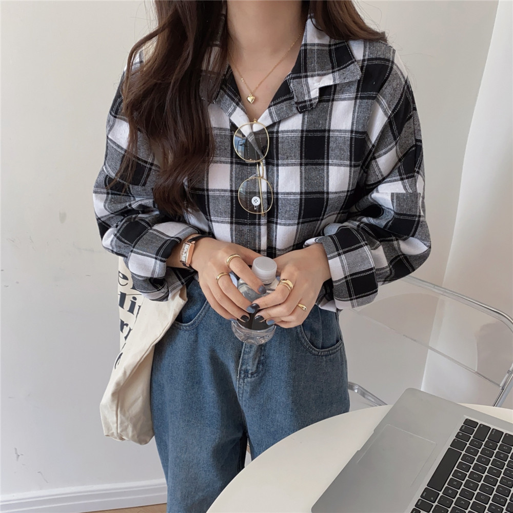 Real shooting versatile Plaid Shirt Top Women's Retro loose coat versatile long sleeve shirt fashion