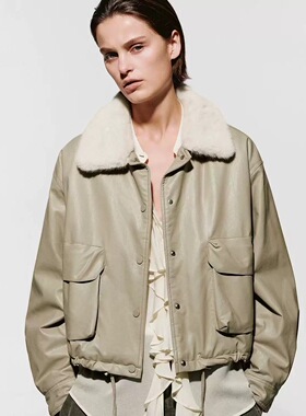 SH&UR2025冬季新款女装法式气质拼接撞色毛领抽绳PU棉服UWM150071