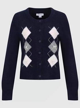 SH&UR2026春季新款女装休闲学院风菱格蝴蝶结针织开衫UYY960006#