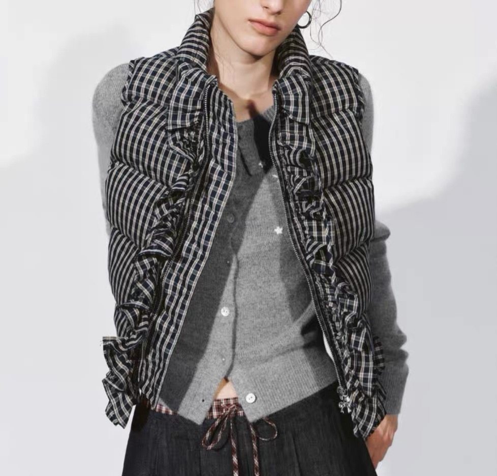 SH&UR2026春季新款女装都市立领系带格纹荷叶边棉服UYU160001,女装/女士精品,马夹,淘宝优惠券,粉丝福利购,淘宝优惠卷