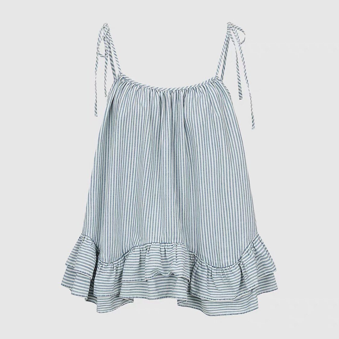 SH&UR2026夏季新款女装简约丹宁条纹荷叶边系带休闲衬衫UYL860113