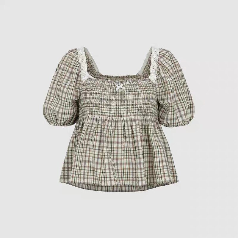SH&UR2026新品甜美休闲女装格纹蕾丝泡泡短袖罩衫衬衫UYL260063