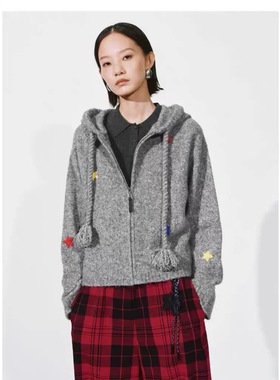 SH&UR2026春季新款女装潮流连帽抽绳星星提花针织开衫UYV960007
