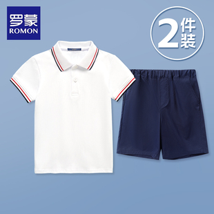 女童夏季 罗蒙男童短袖 polo衫 套装 T恤儿童白色上衣小学生校服班服