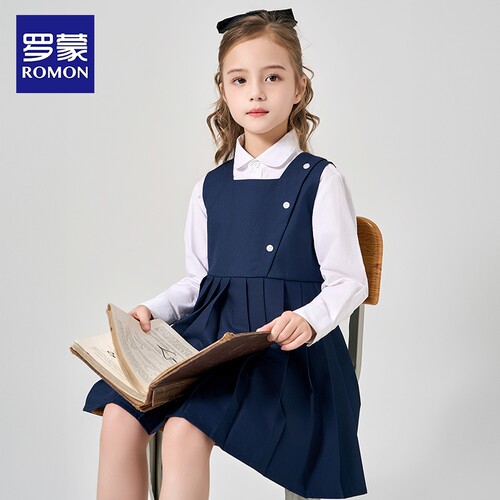 罗蒙女大童秋装连衣裙2026新款儿童洋气秋款背带裙女童学院风套装