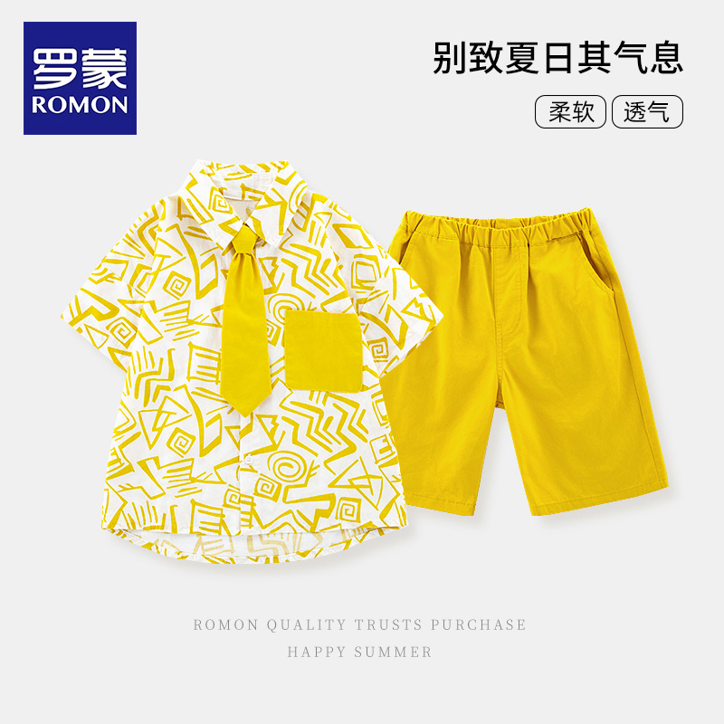 罗蒙黄色领带两件套夏季短袖衬衫套装男童衣服帅气休闲风童装宝宝