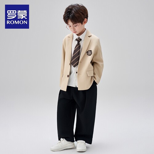罗蒙男童西装套装2026春秋款男孩高端礼服儿童韩版学院风休闲西服