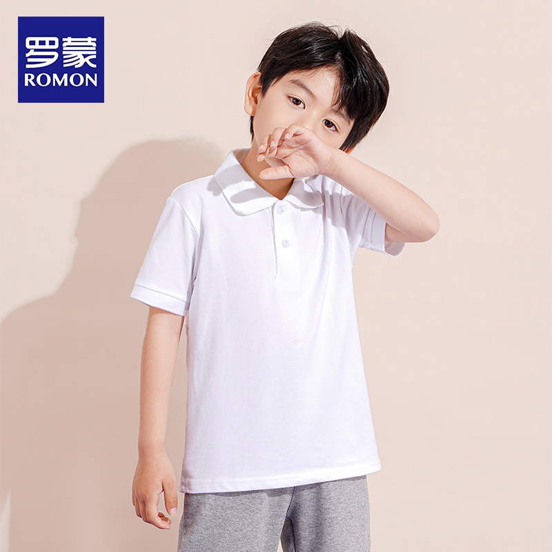 罗蒙男童短袖polo衫女童休闲翻领T恤儿童纯白色棉小学生校服演出