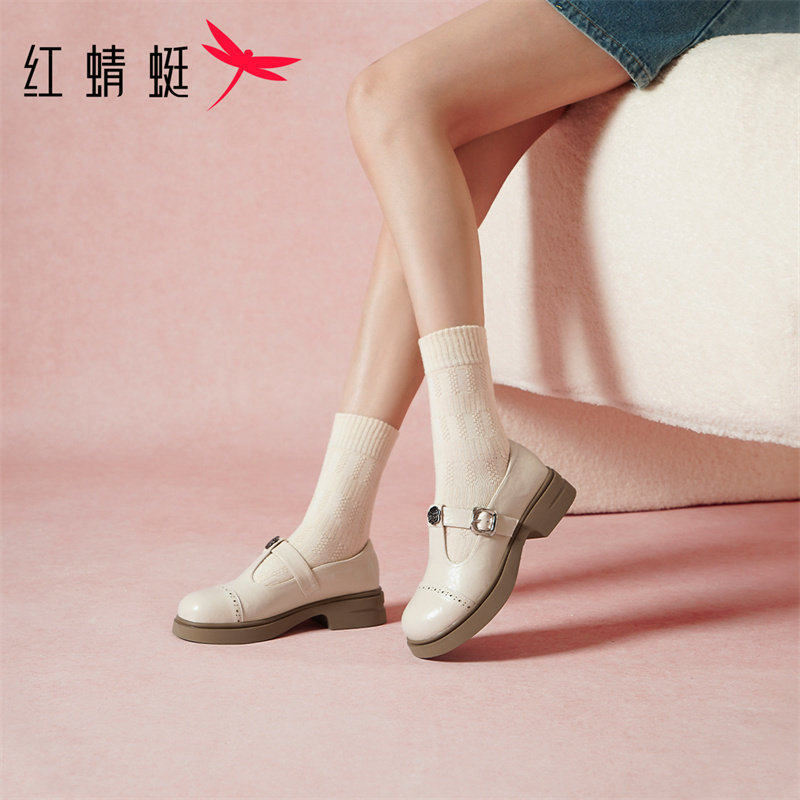 红蜻蜓中跟厚底女鞋2026新款春季丁字扣小皮鞋平底英伦玛丽珍单鞋