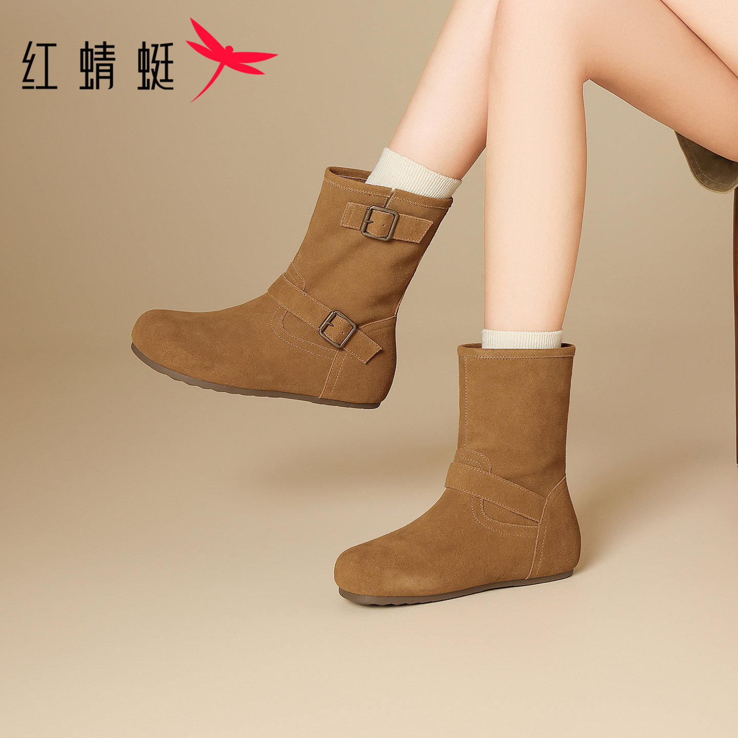 红蜻蜓内增高勃肯短靴2025新款冬季休闲女靴真皮加绒中筒马丁棉靴,女鞋,西部靴,淘宝优惠券,粉丝福利购,淘宝优惠卷