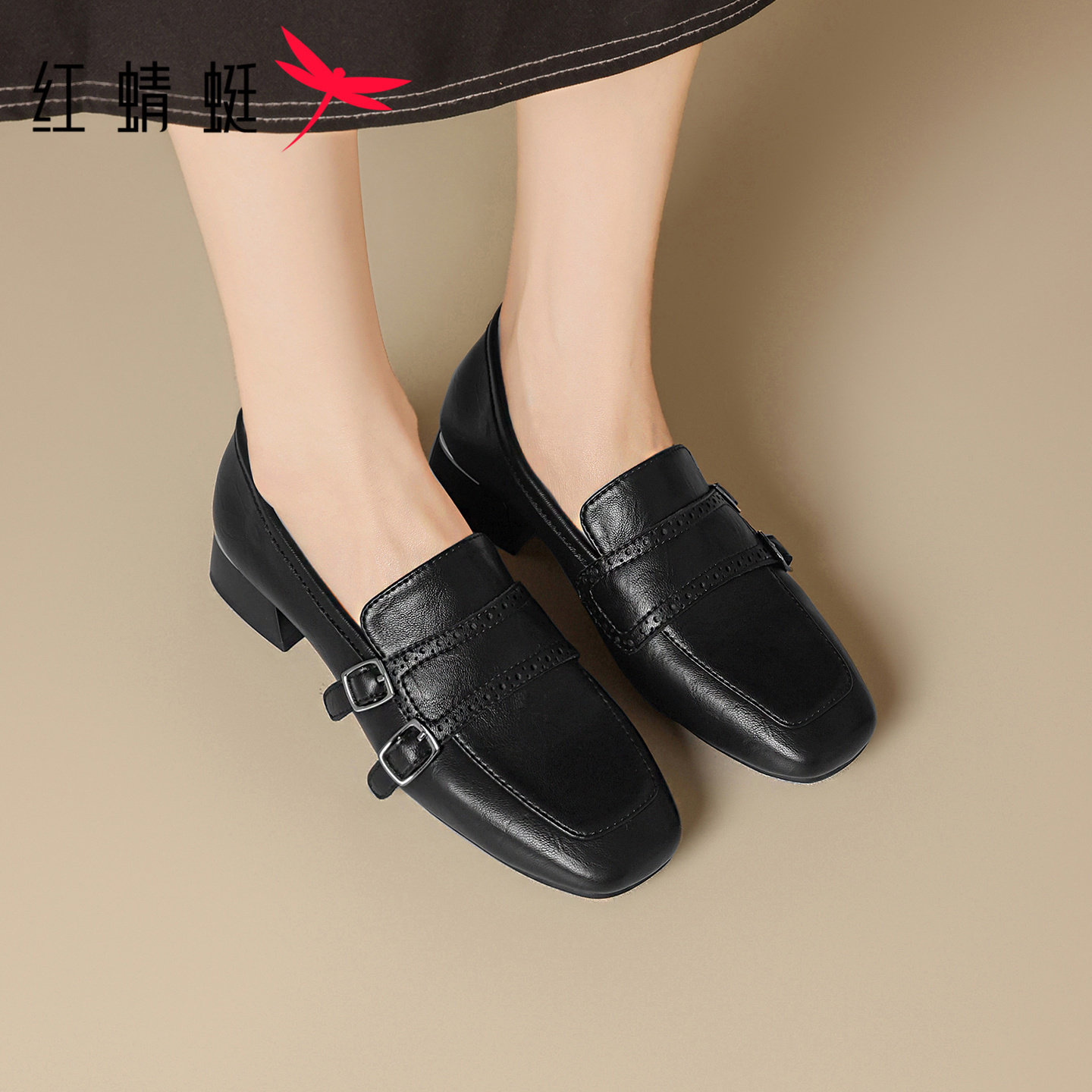 红蜻蜓真皮乐福鞋女2026春新款老钱风单鞋粗跟增高方头气质小皮鞋