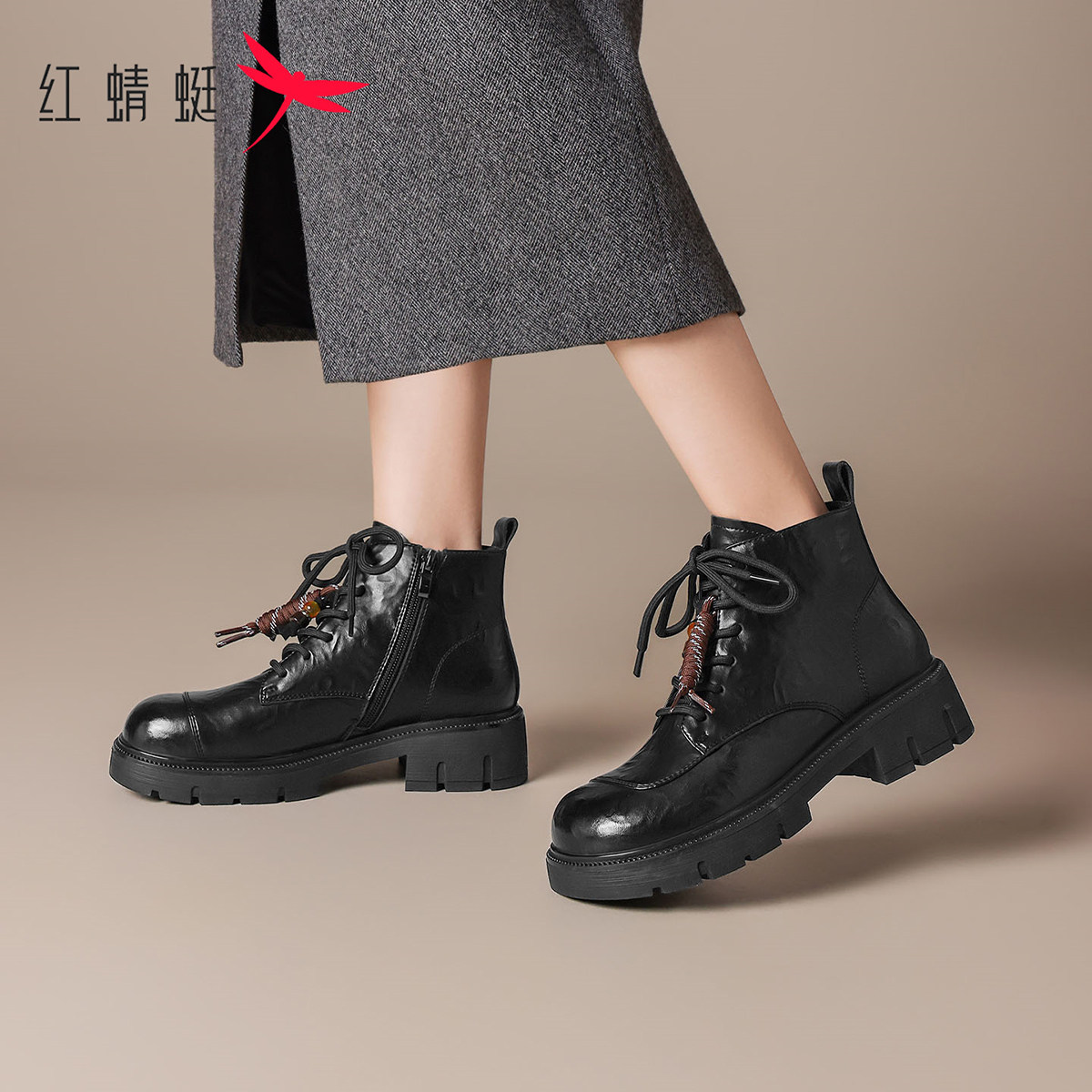 红蜻蜓厚底英伦风马丁靴女士2026冬季新款侧拉链女靴粗跟系带短靴