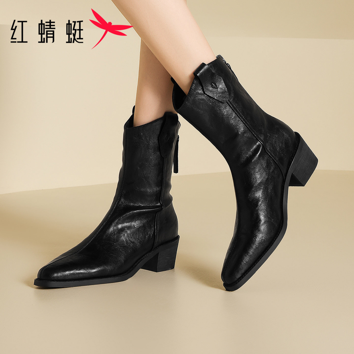 红蜻蜓尖头切尔西短靴女款2025新款冬季高跟鞋瘦瘦女靴粗跟时装靴,女鞋,切尔西靴,淘宝优惠券,粉丝福利购,淘宝优惠卷