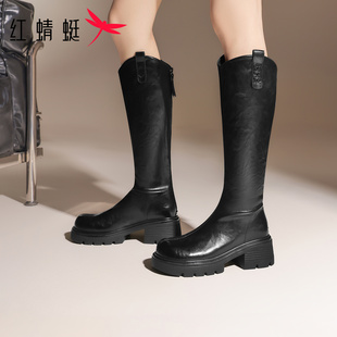 红蜻蜓厚底棕色长筒靴女士2026新款高筒靴子小个子增高高跟骑士靴