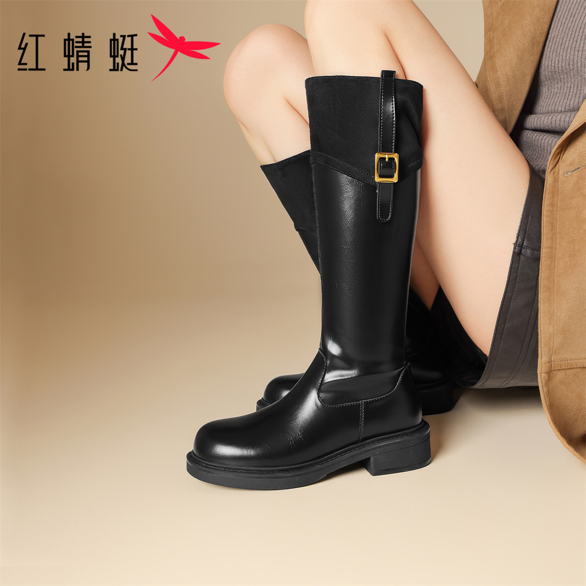 红蜻蜓加绒粗跟长筒靴女款2025新款时尚英伦风高筒机车女靴骑士靴