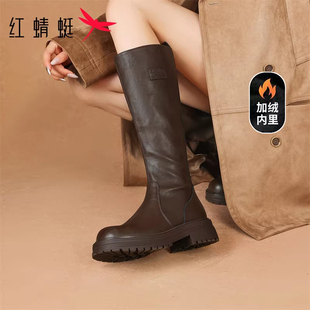 红蜻蜓黑色长筒靴子女款2026新款冬真皮女靴加绒巨好看中高筒女鞋