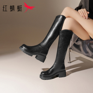 红蜻蜓v口长筒骑士靴女款 增高显瘦粗高跟不过膝高筒女靴 2025新款