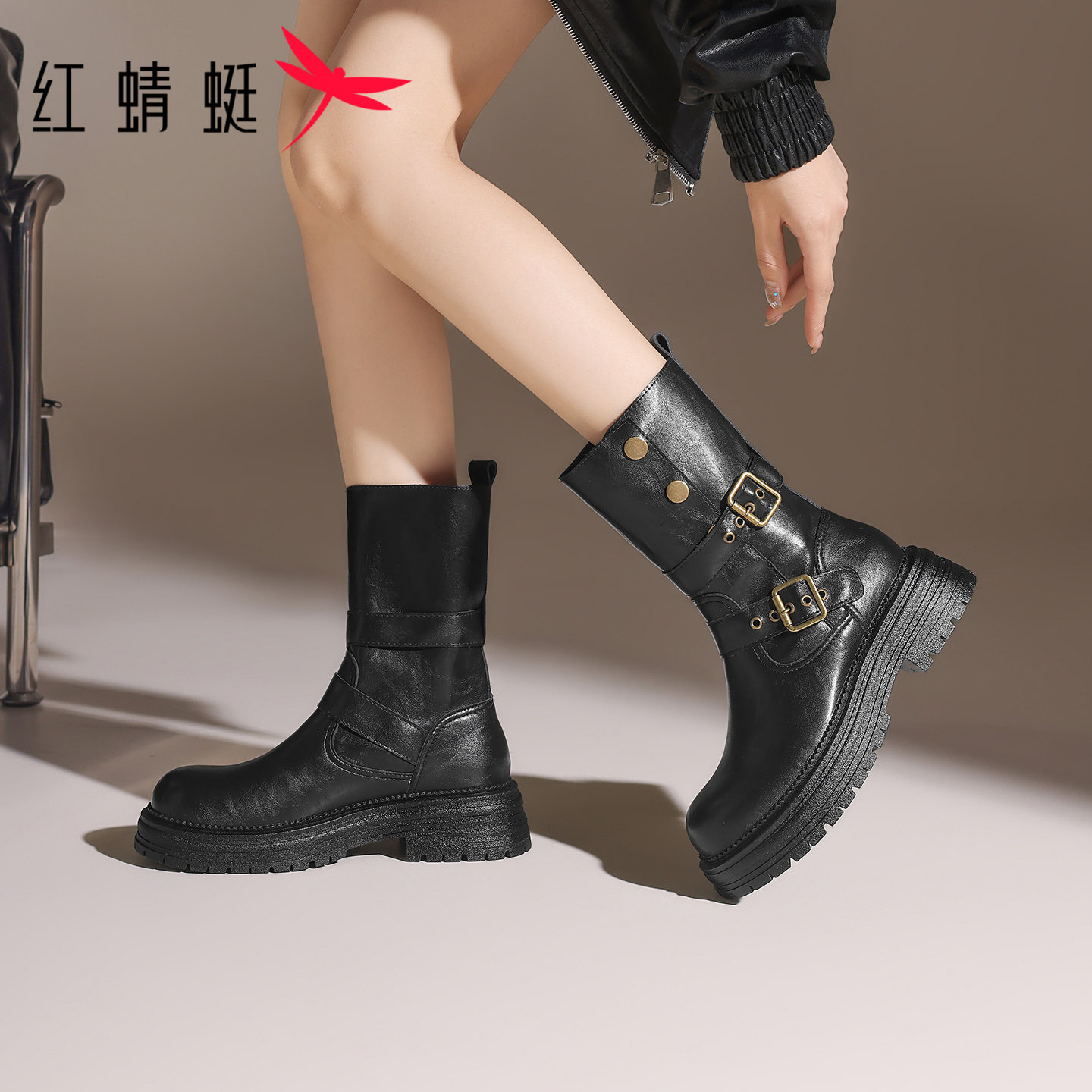 红蜻蜓西部靴新款冬季机车靴厚底