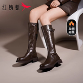 红蜻蜓加绒长筒女靴冬季 新款 女士高筒户外皮靴帅气粗跟拉链骑士靴