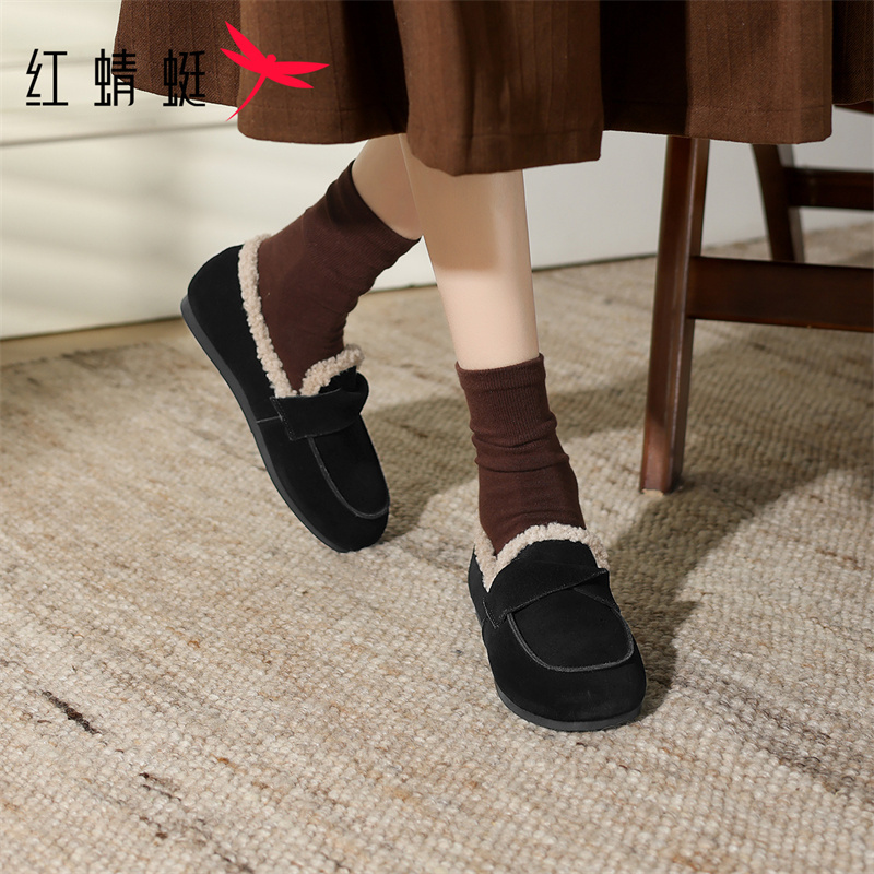 红蜻蜓女鞋毛毛懒人乐福鞋女新款秋冬棉鞋加绒加厚保暖真皮豆豆鞋