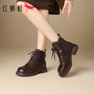红蜻蜓加绒舒适马丁靴女款2026新款短靴冬季保暖靴子棕色英伦皮鞋